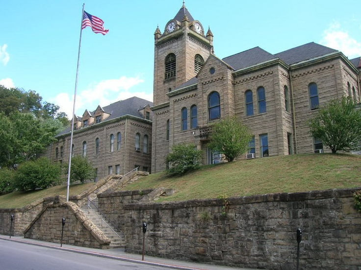 Example of a historic cut stone wall outside of McDowell County Courthouse. 